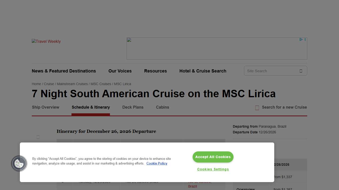 7 Night South American Cruise on the MSC Lirica Cruise Schedule- December 26, 2026- Cruise Search by Official Cruise Guide: Travel Weekly